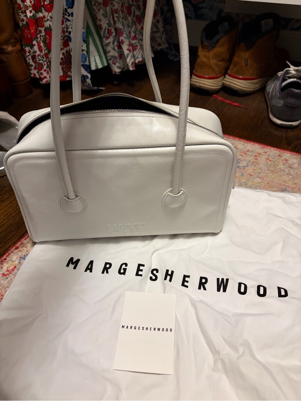 Marge Sherwood White Crinkle Leather Boston Bag NWT
